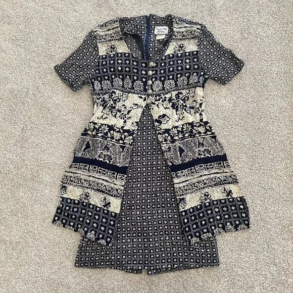 Vintage 90s Stuart Alan Boho Split Hem Geometric Floral Henley Button Dress P6 - Picture 10 of 13